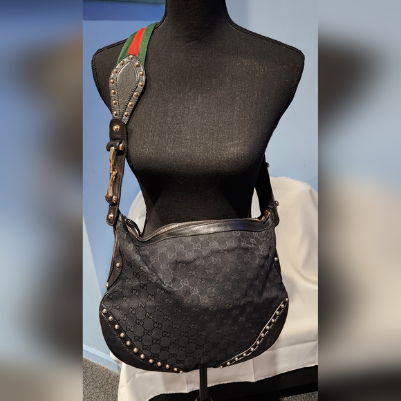 Authentic Gucci GG Black Monogram Shoulder Hobo Bag